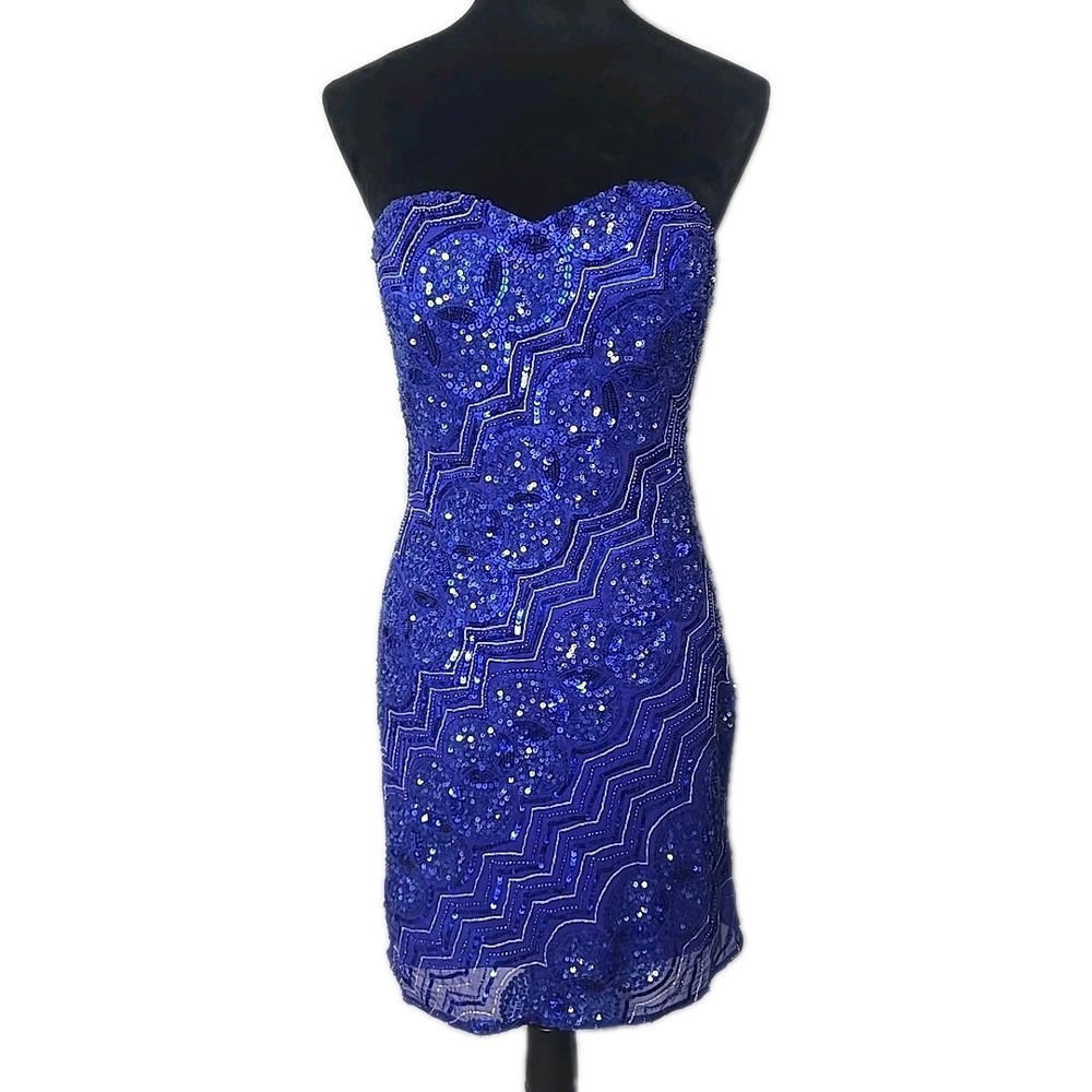 Scala Silk Sequin Strapless Mini‎ Dress 6 Blue Sparkle Formal